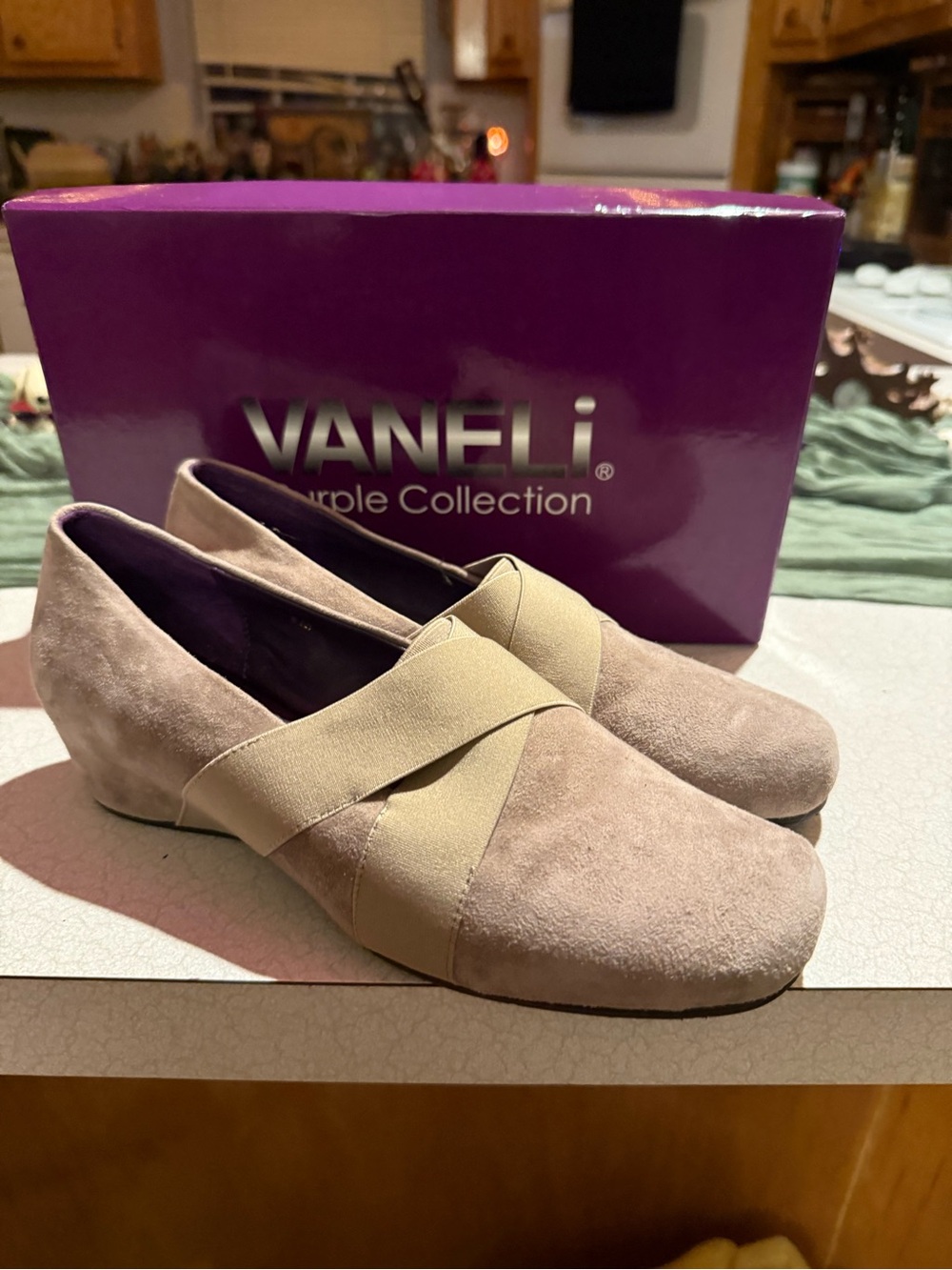 Vaneli Taupe Suede Slip-On Loafers with Elastic Crossover